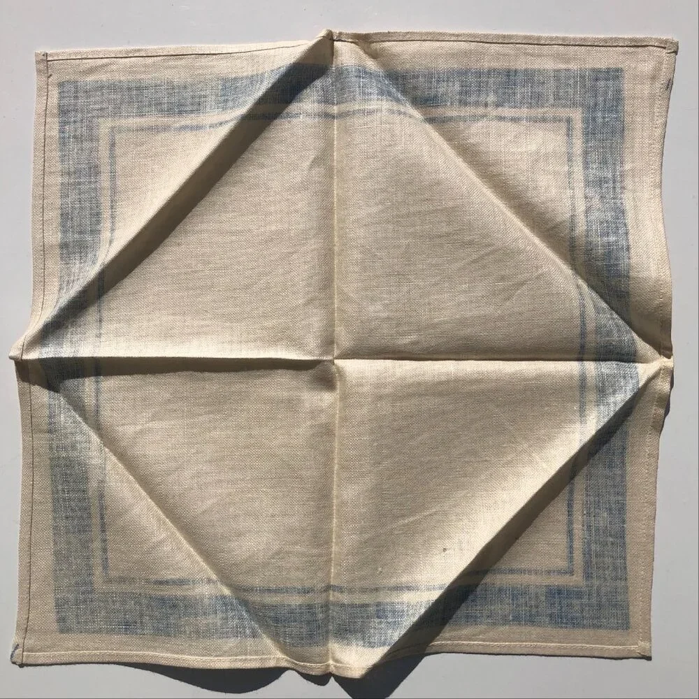 vintage Linen Napkins Cream with Blue Border 1950's set of 4 AS IS with stains